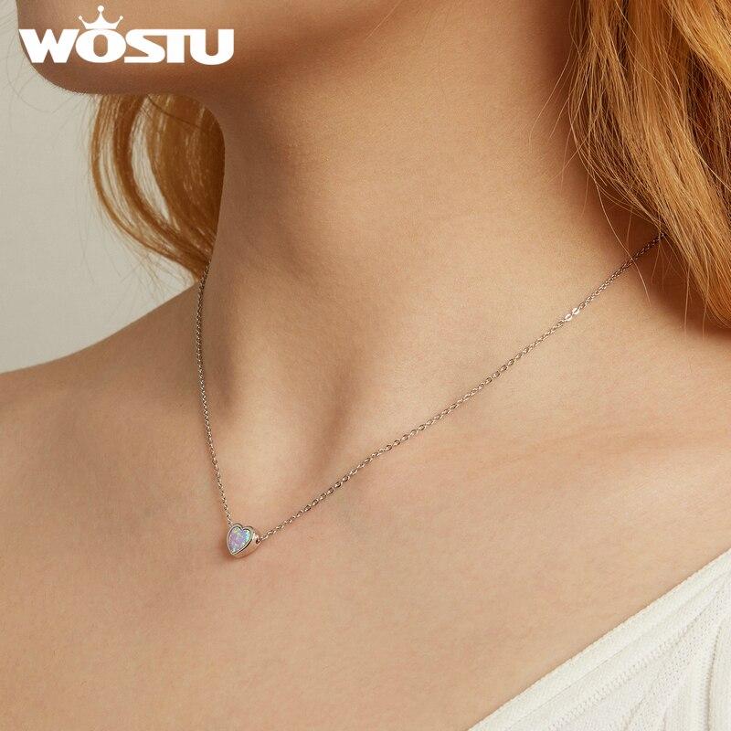 WOSTU Real 925 Sterling Silver Simple Style Shining Opal Heart Pendant Choker Necklace For Women Jewelry Gift