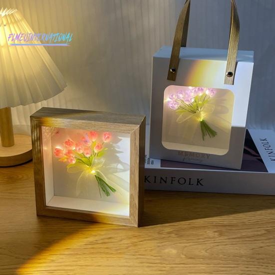 Ночник с цветком тюльпана, деревянная фоторамка ручной работы - 13/10/16, лента с цветами, квадратный подарок, сделай сам, светящийся букет тюльпанов, ночник
