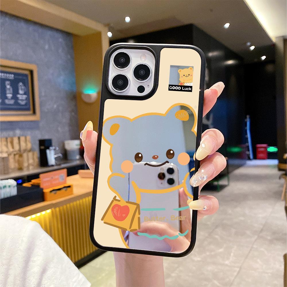 Забавный чехол для телефона iPhone 14/15promax с изображением масляного медведя и зеркалом, противоударный защитный чехол