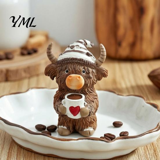Rustic Farmhouse Living Room Decor Highland Cow Figurine, Resin Coffee Statue for Home Decor, Artistic Unique Themed Gifts Country Style Tabletop