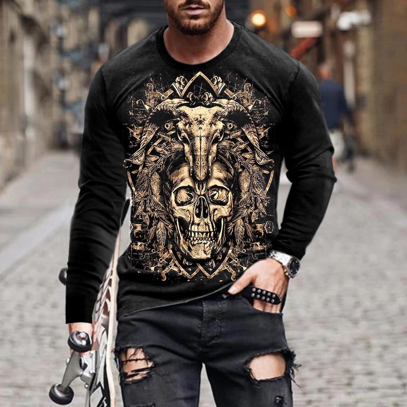 Flame Skull 3D Printed Streetwear Men's T-Shirts Long Sleeve Round-Neck Horror Halloween Man Tops Loose Gothic Round-Neck Tees