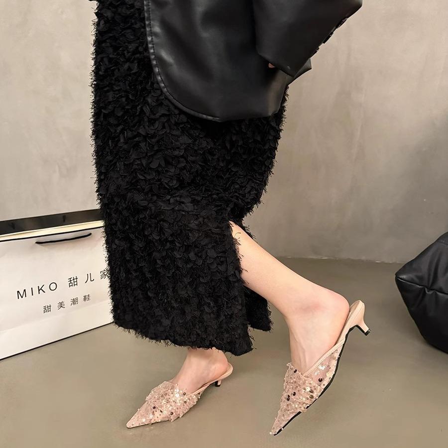 French Dress High Heels Half Slippers Spring and Autumn Style High Heels Evening Gentle Everything with Sequined Shoes