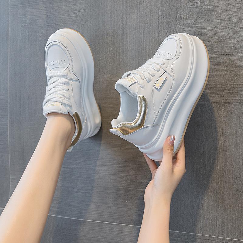 2024 Spring Women's White Leather Sneakers - Heightened, Thick-Soled, Wedge Heel, Casual, Comfortable, and Stylish