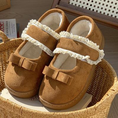 Новые ретро Мэри Джейн на липучке, полностью закрывающие пятку, хлопковые туфли, осень и зима, домашние бархатные теплые нескользящие хлопковые тапочки