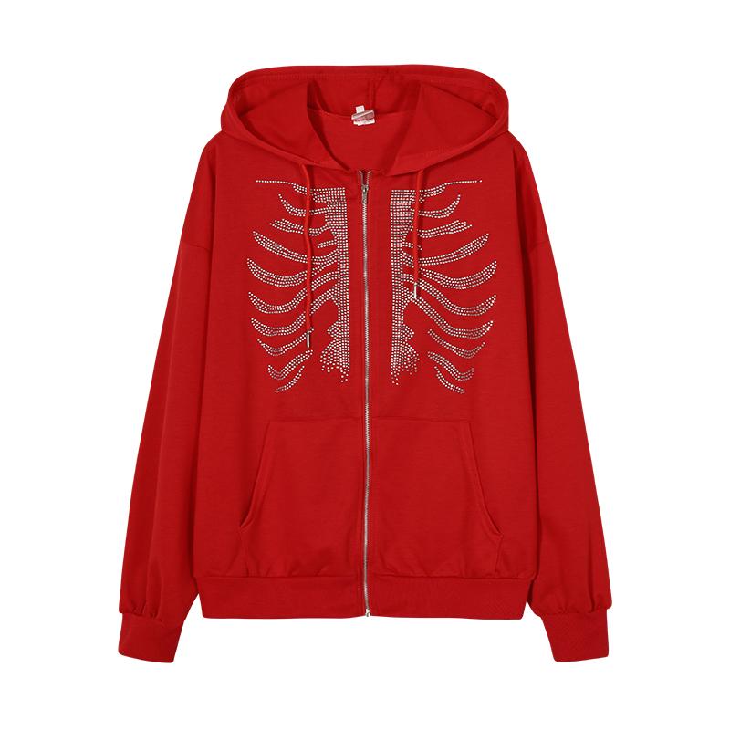 Y2K Rhinestone Skeleton Hoodies Women Gothic Black Red Zip-up Sweatshirts Female Retro Harajuku Hooded Coats Streetwear
