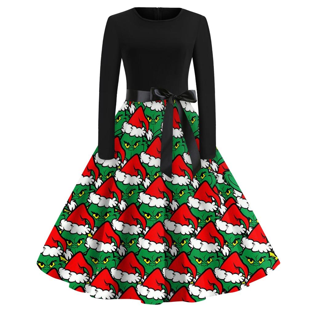 Женское повседневное рождественское платье с круглым вырезом и широкими рукавами, облегающее платье