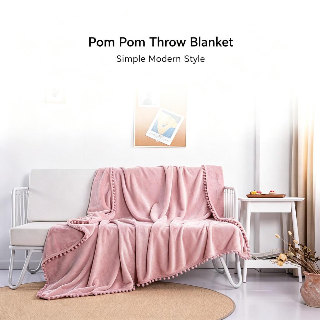 Solid Color Fleece Pom‑pom Throw Blanket, Tassel Decor Sofa Couch Nap Cover Bed Blanket