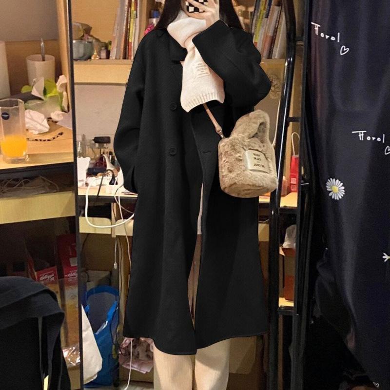 Двустороннее бархатное пальто цвета овсянки для женщин, новое осенне-зимнее шерстяное пальто средней длины до колена в корейском стиле