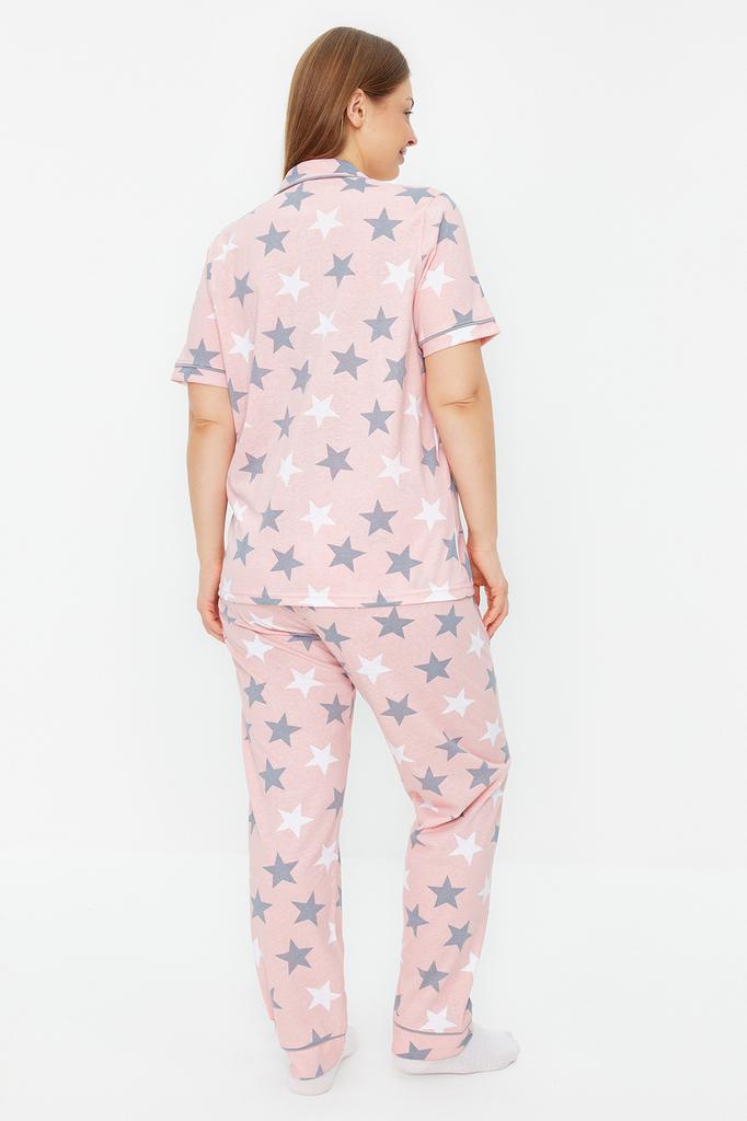 Women's Fashion New Plus Big Size Pajama Set Powder Star Patterned Shirt Collar Knitted Pajama Set