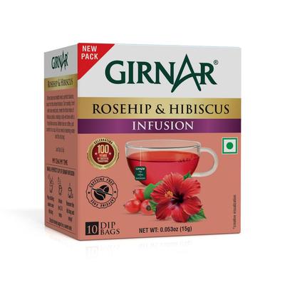 Чайные пакетики Girnar с шиповником и гибискусом, травяной настой, упаковка 10 шт., без кофеина, фруктово-цветочный напиток