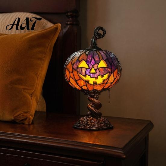 Cozy Ambient Lighting Stained Glass Halloween Pumpkin Table Lamp, USB Powered Resin Night Light with Vintage Style Shelf Ornaments Warm Glow,
