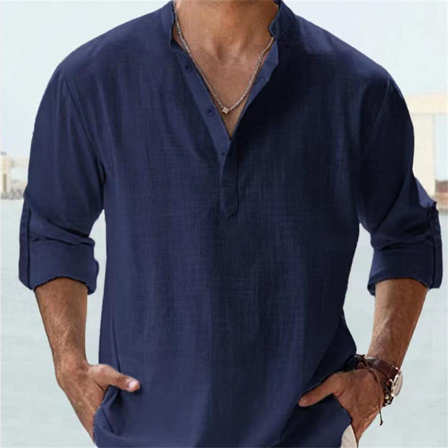 Мужская свободная однотонная льняная рубашка с длинным рукавом и воротником-стойкой, повседневные мужские белые, черные рубашки для мужчин, блузка