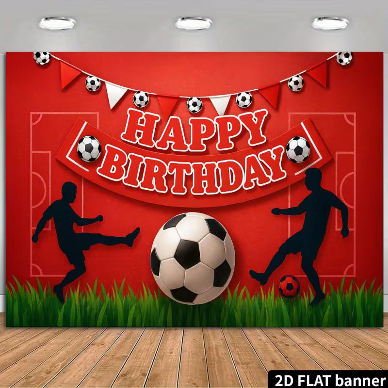 2D Soccer Party Backdrop - Red Grass Football Banner for Kids Sports Birthday Photoshoot