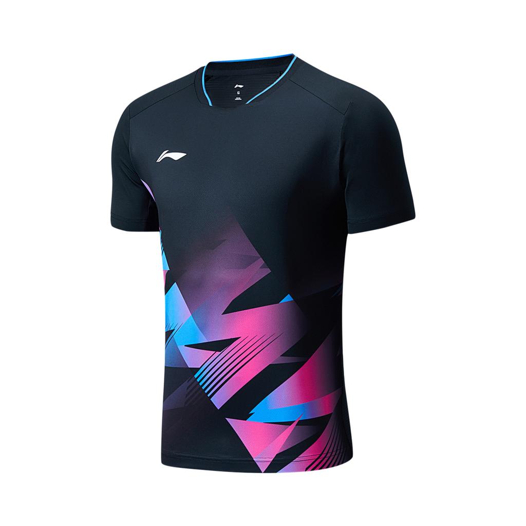 Li-Ning Gradient Stripe V-Neck Breathable Short Sleeve Badminton Shirt Unisex Tops Black AAYU233-1