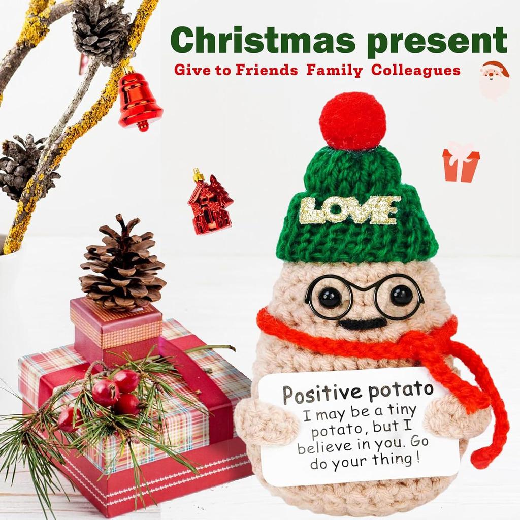 Christmas Home Decoration Crochet Positive Xmas Glasses Potato Doll with Card Handmade Wool Knitted Potato Ornament Party Decor