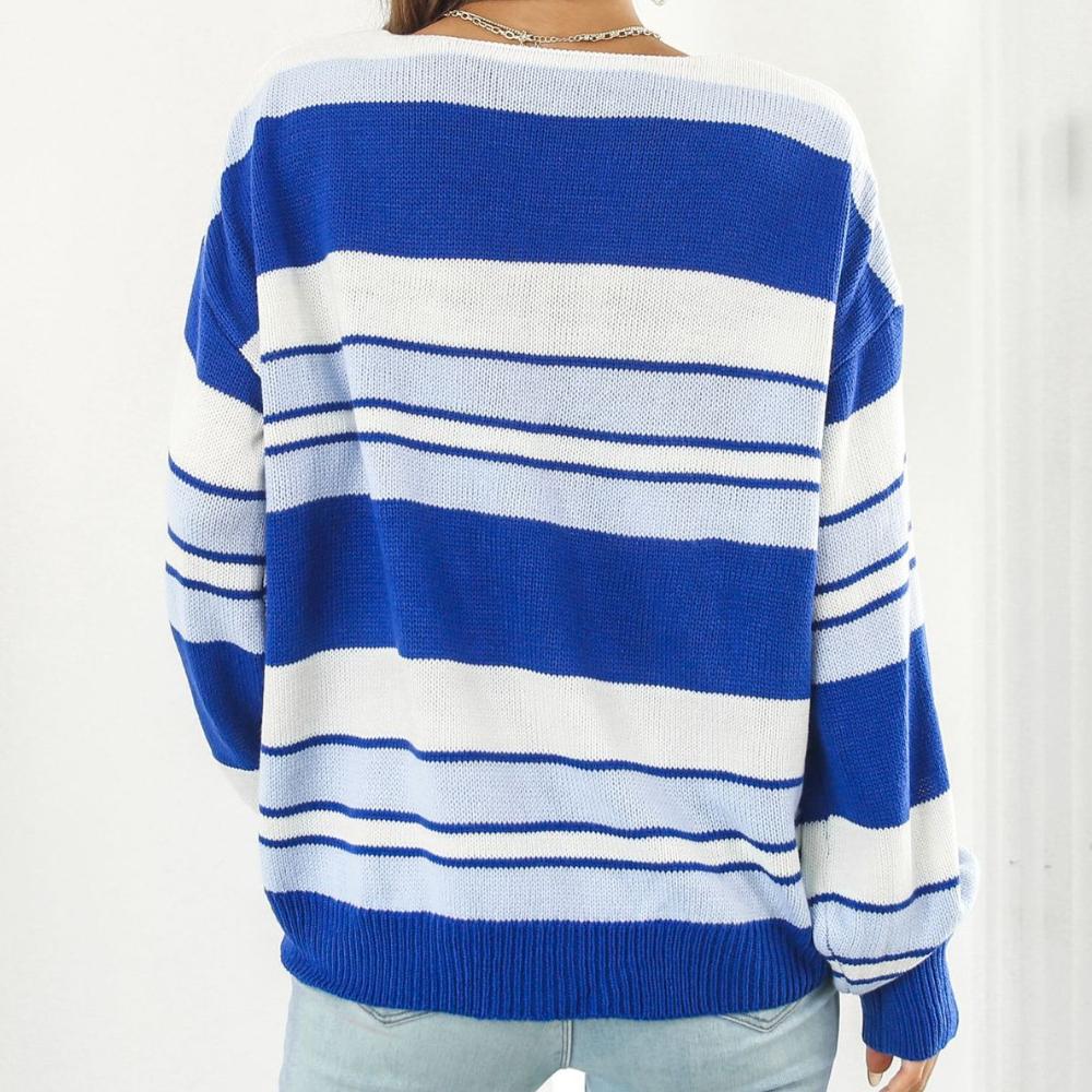 IHUASU Женский свободный полосатый свитер с V-образным вырезом и длинными рукавами, осенне-зимний свитер с градиентной вязкой