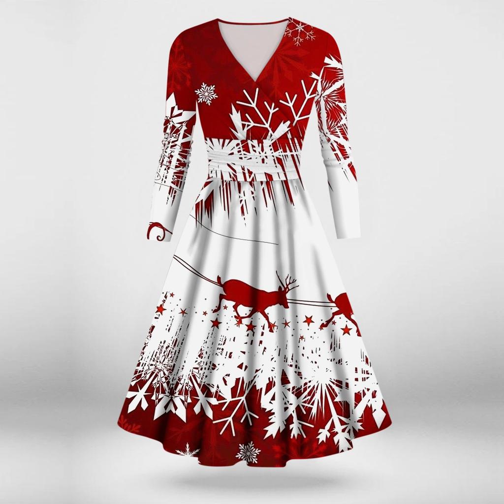 Женское повседневное и модное сексуальное платье с v-образным вырезом и длинными рукавами с рождественским принтом