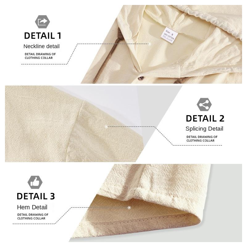 Men's Summer Linen Hooded Short Sleeve Shirt Casual Loose Breathable Lightweight Amekaji Shirt