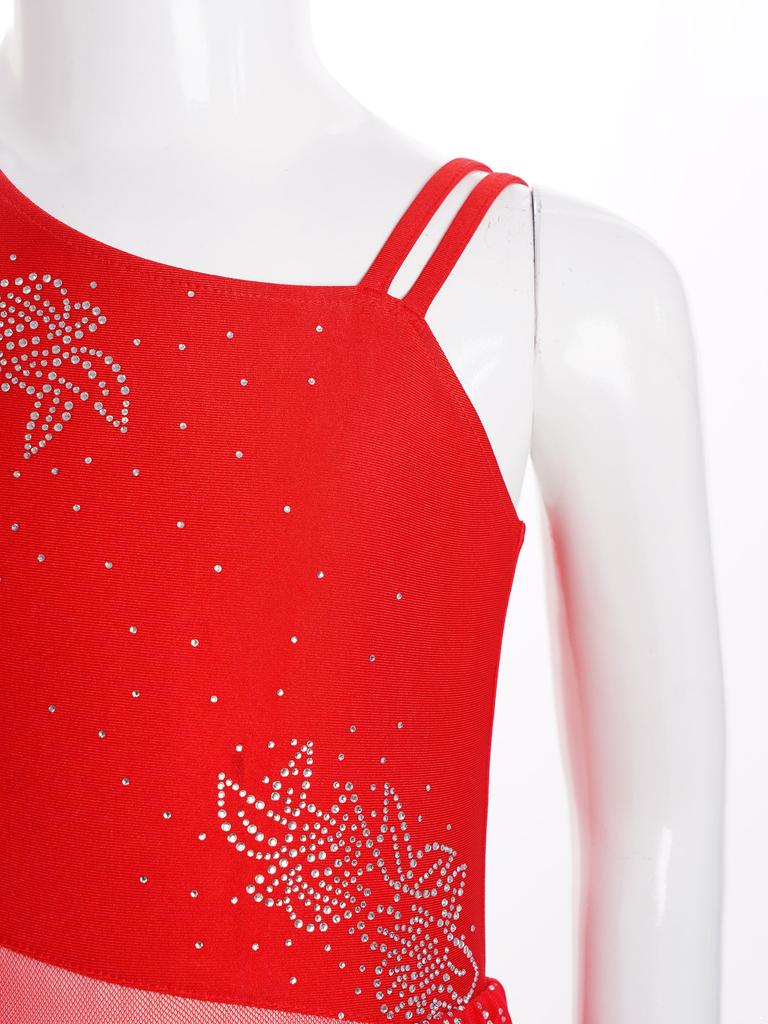 Платье для лирического танца для девочек с цветочным узором и стразами, без рукавов, с асимметричным подолом и боковым разрезом, костюм для выступлений