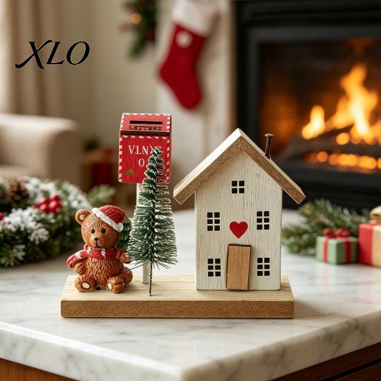 Wooden Cabin Ornaments for Desktop Mini Christmas Village House Figurine, Winter Scene Ornament with Snowman Showcase Display Bear & Mailbox,