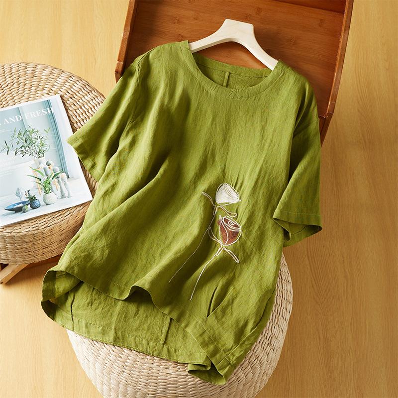 Летняя вышитая круглая горловина в стиле ретро для отдыха свободная тонкая футболка с коротким рукавом для женщин