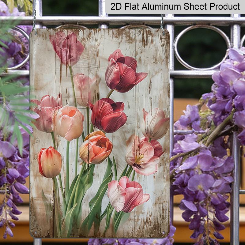 2D Flat 1pc Vintage Tulips Aluminium Metal Wall Art Sign - 8x12 Inch Shabby Chic Rustic Dutch-Inspired Tulip Field Decor, Pink & White Tulip for
