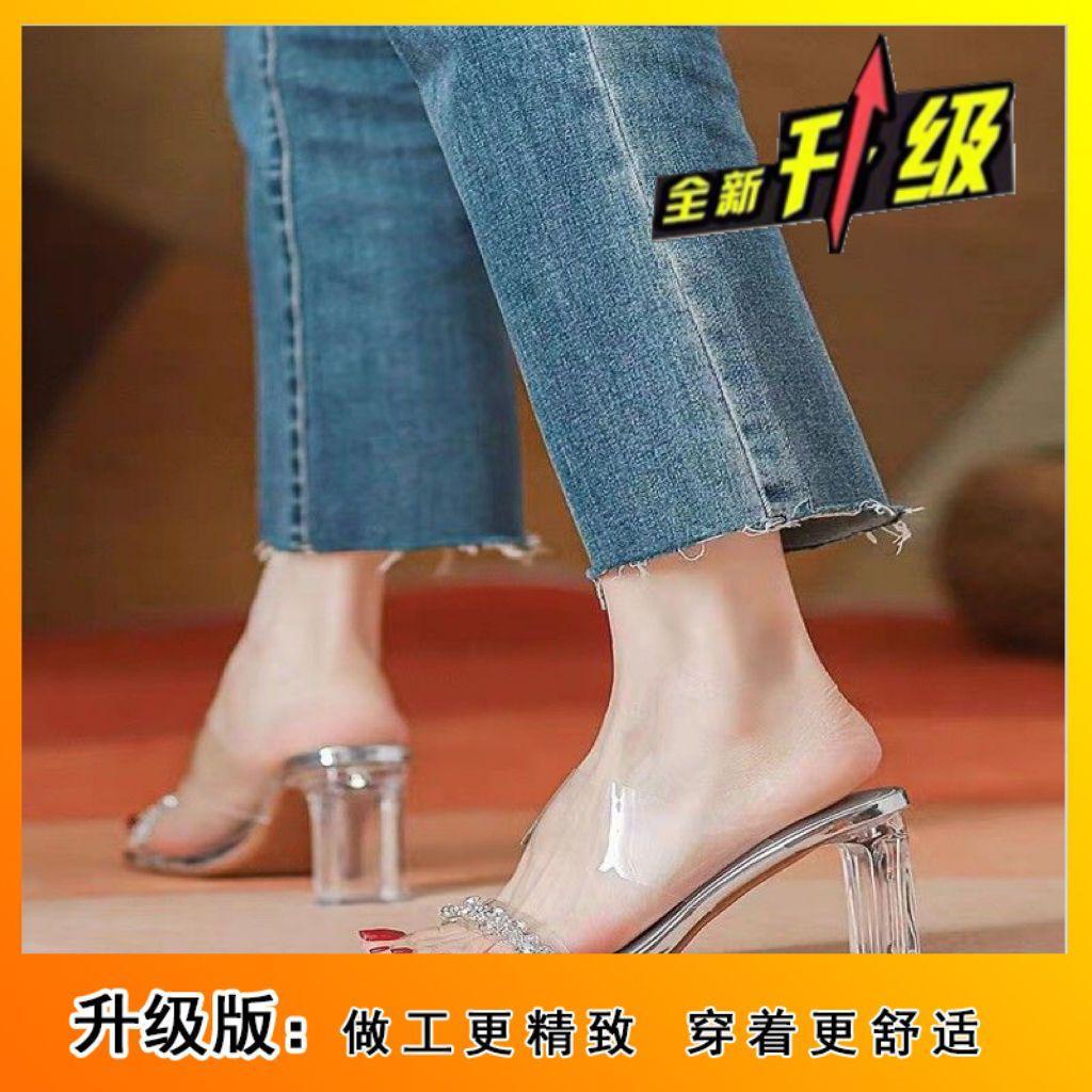 Coarse heel outer wear cool slippers women's spring 2025 new transparent rhinestone versatile word with crystal high heel sandals