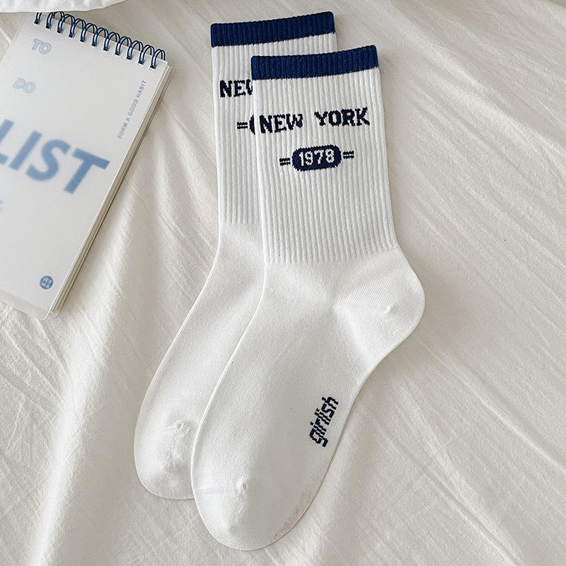 Женские спортивные носки до середины икры для осени и зимы, полосатые с надписями, антибактериальные, бесшовные, женские длинные хлопковые носки