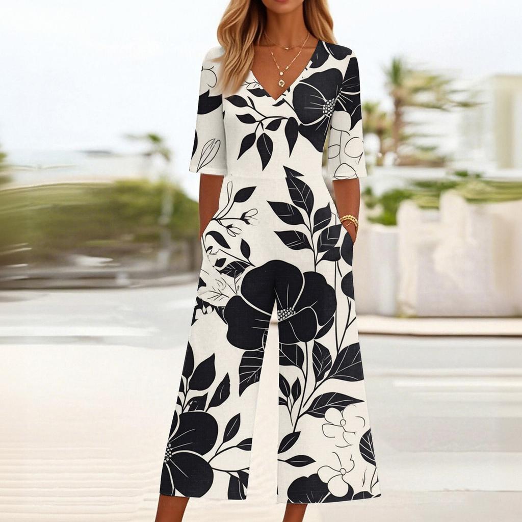 Женский свободный повседневный комбинезон с V-образным вырезом и принтом, облегающий комбинезон с широкими штанинами, комбинезон с широкими штанинами