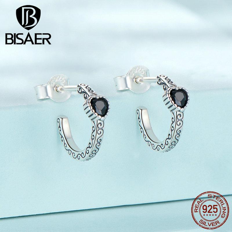 Bisaer Винтажные серьги из стерлингового серебра 925 пробы с черным цирконом в форме сердца для женщин, подарок на день рождения, изысканные ювелирные изделия