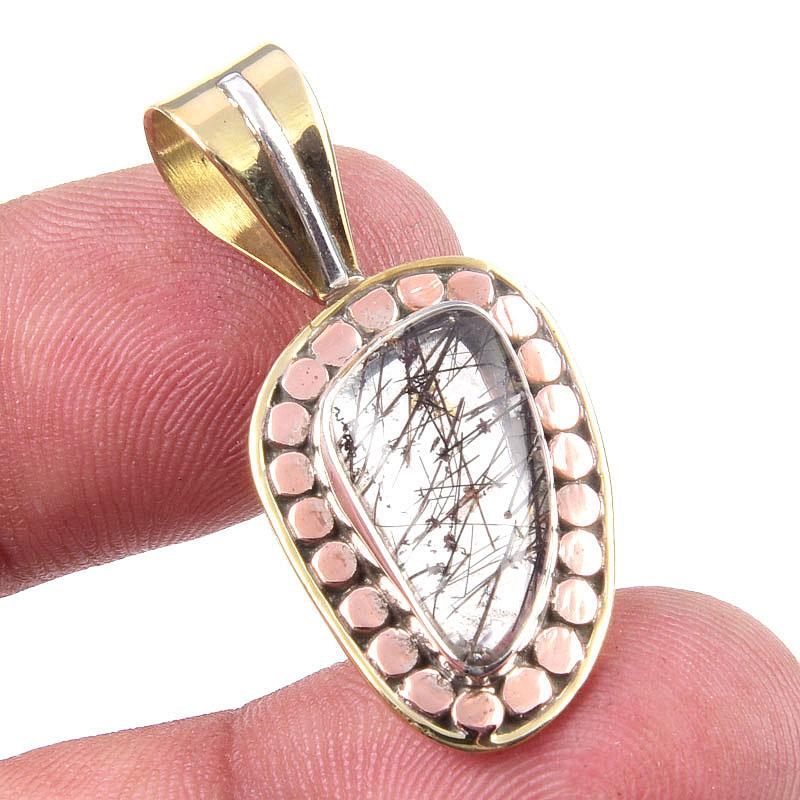 Natural Black Rutile 925 Solid Sterling Silver TwoTone Gift Pendant 1.25" G1w90