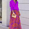 Spring and Autumn Women's Skirt Set Temperament Lapel Solid Color V-Neck Printed Long Dress Two Piece Set