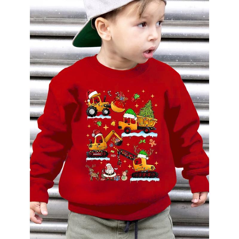 CHRISTMAS Boys' Autumn/Winter Fashion -Lined Sweatshirt with "Dump Truck, Transport Truck, Excavator