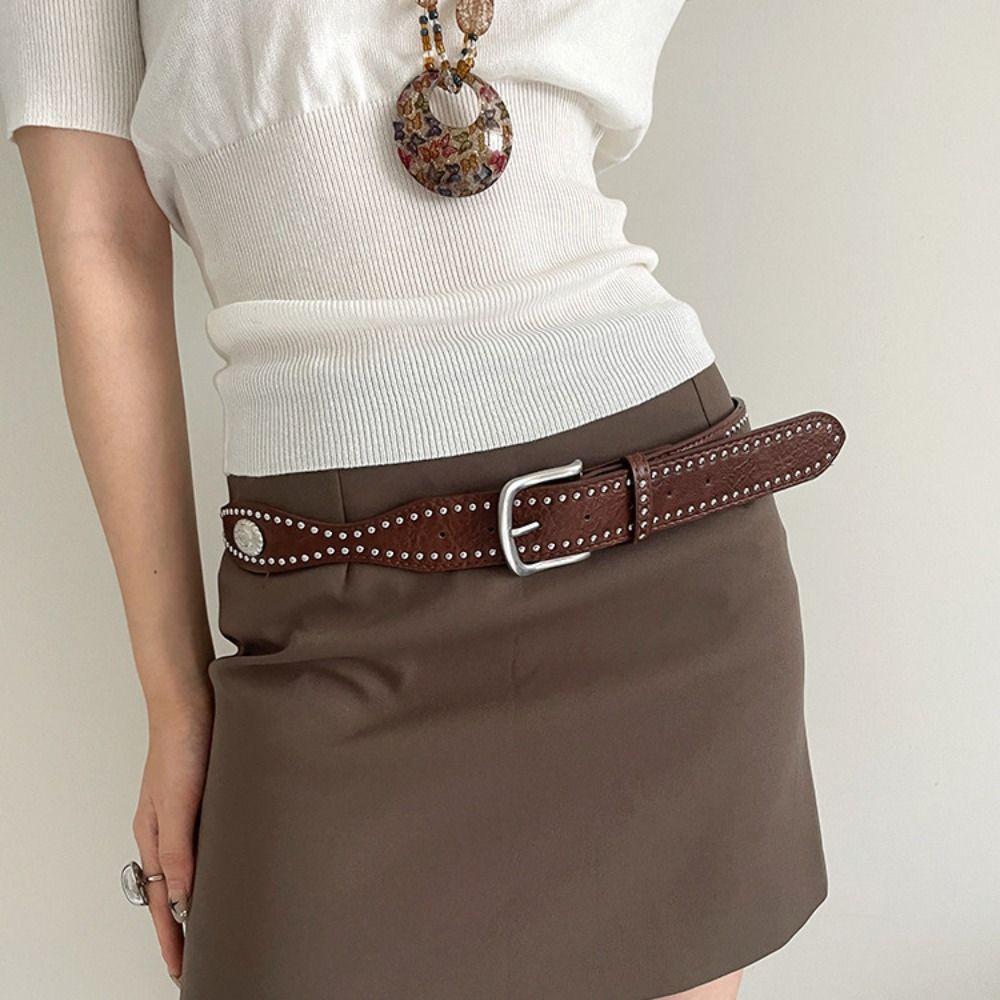 Vintage Women Rivet Belt Maillard Punk Style Belt Fashion Wide Leather Waistband Men