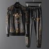 Autumn Winter Plus Velvet Men's Round Neck Casual Suit Fashion High-end Embroidery Crown Eagle Padded Two-piece Set