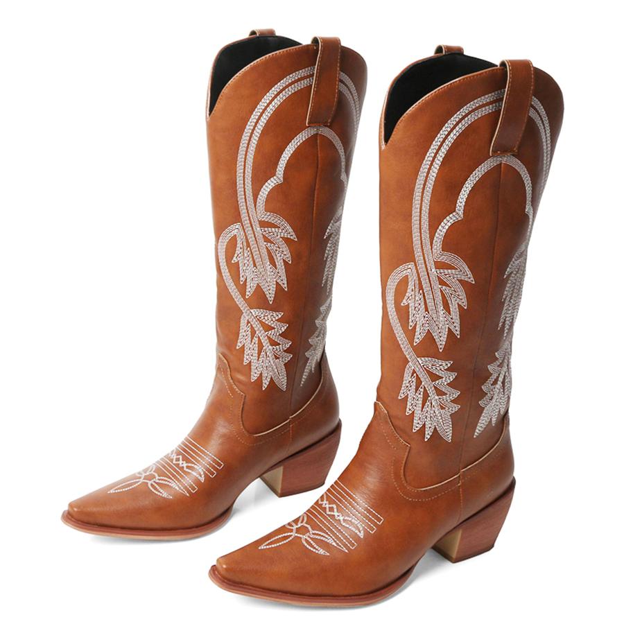 FOREADA Женские ковбойские сапоги до колена, с острым носком, на массивном высоком каблуке, с вышивкой, в стиле вестерн, сапоги гого, женская модная обувь, зима, красные