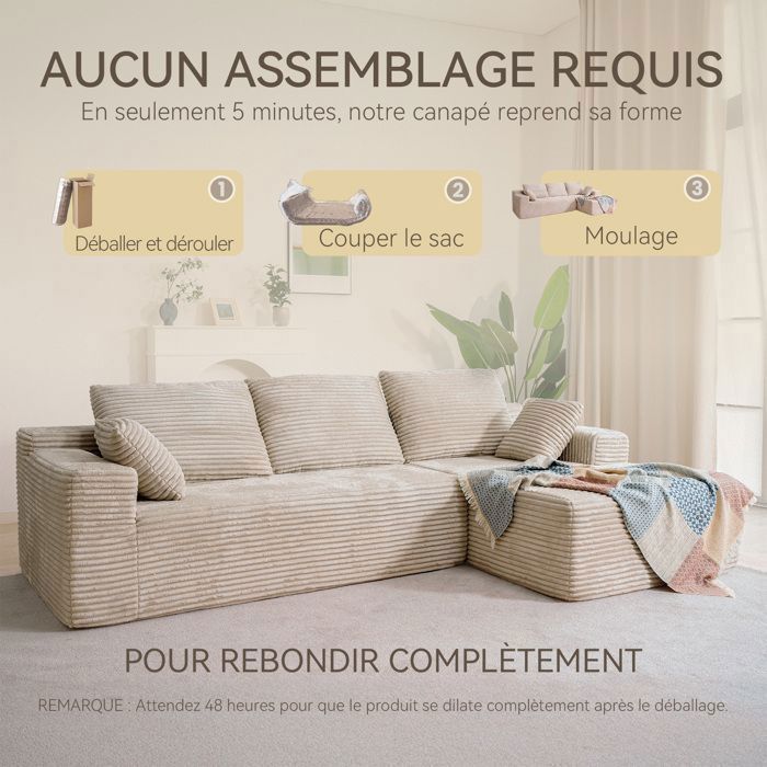 Right corner sofa 263x171x 59cm, free combination, without assembly 4-seater L-shaped sofa with beige corduroy chaise longue