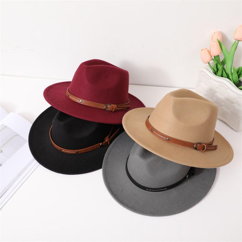 Wide Brim Felt Fedora Hats With Belt Buckle Cowboy Cap Fashion Panama Cap  Men Women