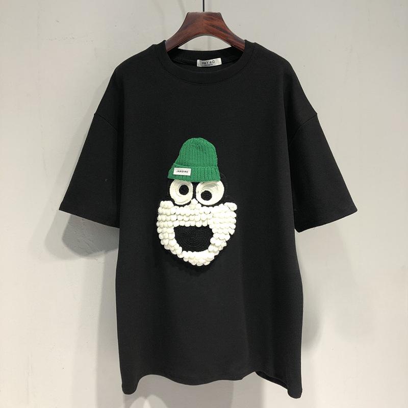 Новый корейский стиль свободный топ с короткими рукавами для женщин вышитая мультяшная футболка средней длины с короткими рукавами