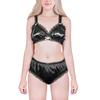 Lace Ruffle Bralette Set Silky Camisole and Panties with a Shiny Satin Size L [LittleForBig] 2-Piece [Satin Floral] Texture, Black,