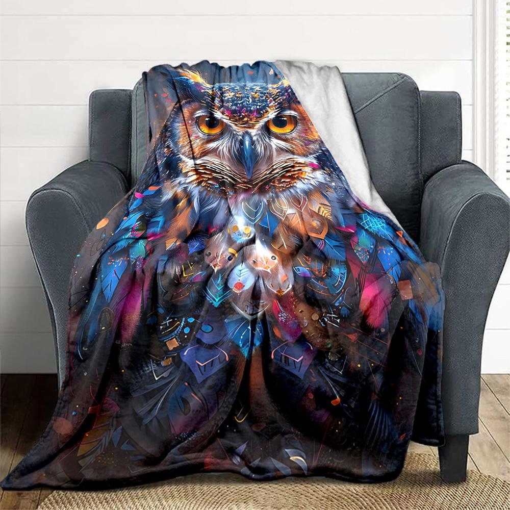 1pc Owl Feather Print Blanket - Lightweight Flannel Fleece with Digital Printing, Soft Warm for Sofa, Travel, Camping, Office yy251018329
