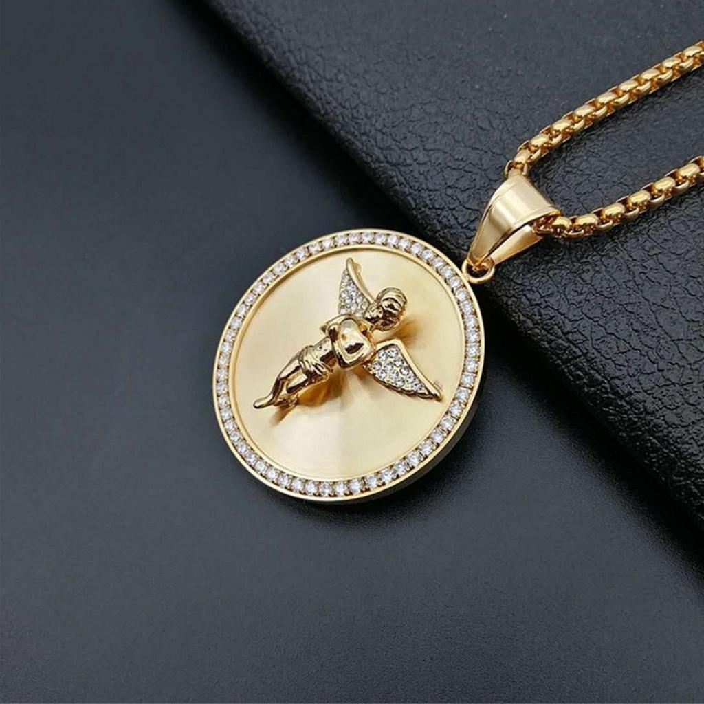 Hip Hop Angel Wings Pendant Necklace for Women Men Round Necklace Bling Jewelry