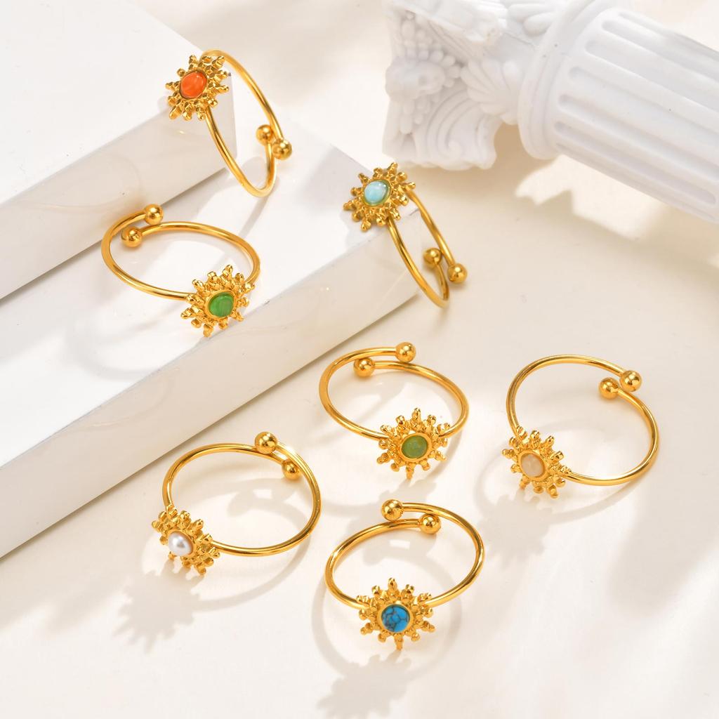Waterproof Sun Shaped Nature Opal Stone Ring for Women, Stainless Steel Gold Plated Adjustable Finger Ring, Vintage Chic Jewelry