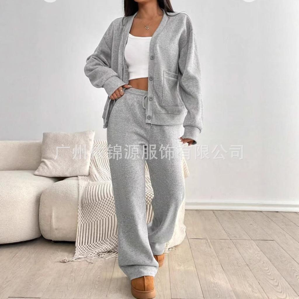 Women's Grey Button Front Knit Cardigan with Wide Leg Lounge Pants Set