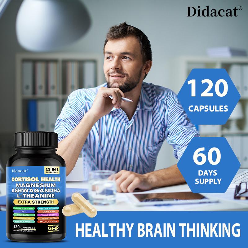 Didacat Cortisol Health Magnesium Ashwagandha L-Theanine Supplement, 13 in 1 Extra Strength 120 Capsules