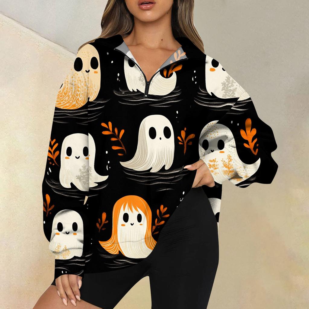 Women's Fashion Casual Long Sleeve Printed Zipper Turtleneck Drop Shoulder Sweatshirt Top