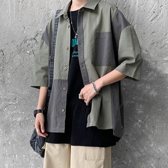 Летняя винтажная рубашка с коротким рукавом в сплайсе, мужская свободная рубашка в стиле Харадзюку в стиле пэчворк в корейском стиле