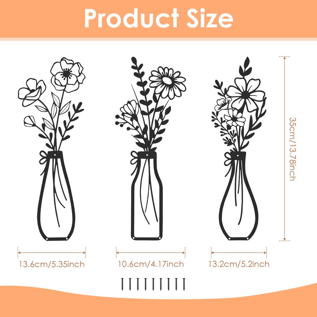 3Pcs Metal Flowers Wall Art Exquisite Metal Vase Wall Decor Floral Ornaments Rustic Farmhouse Decor for Living Room Bathroom