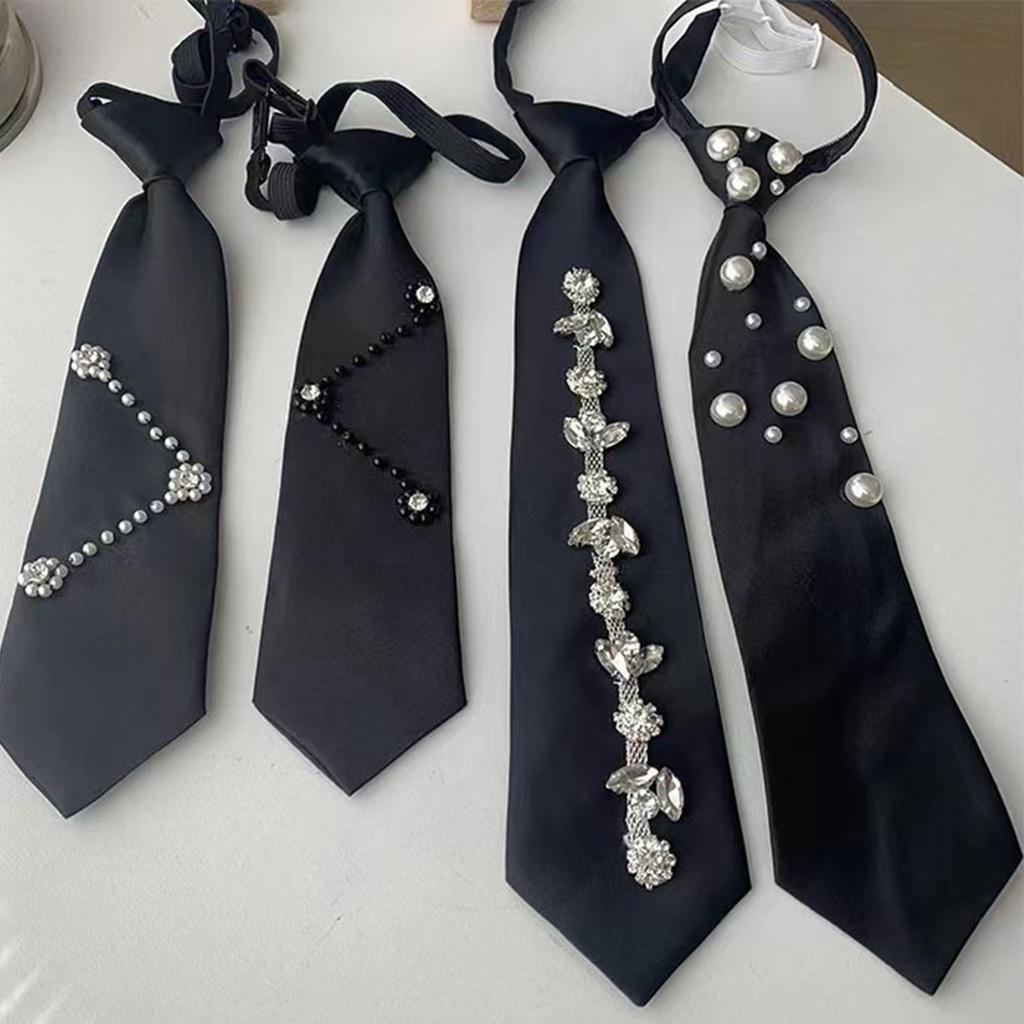 Uniform Black Ties for Senior High School Girl Uniform Pre-tied Preepy Look Adjustable Neck Ties with Crystal