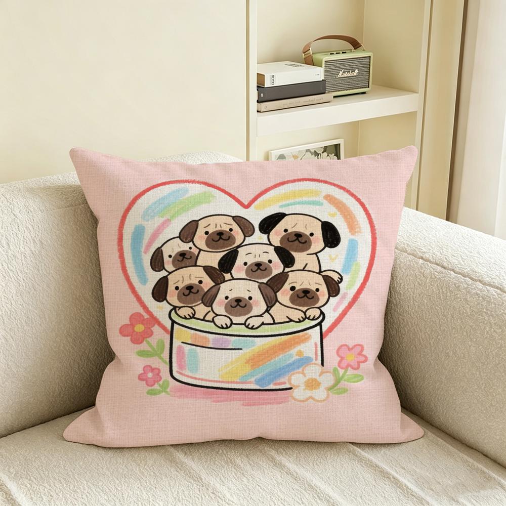 C-Cartoon Pet Pug Cushion Cover Natural Linen Pillowcase Set, All-In-One Decor For Sofa, Bedroom & Chair